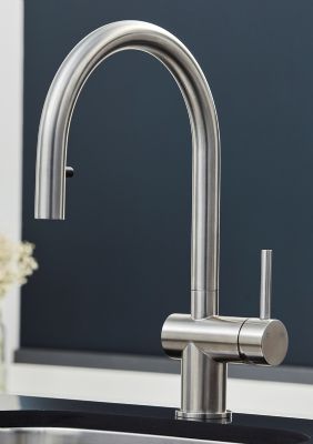 EVO RIEVAULX BRUSHED NICKEL FLEXIBLE PULL OUT MONO SINGLE SIDE LEVER  KITCHEN SINK MIXER TAP with SWIVEL SPOUT, KTAP019BN